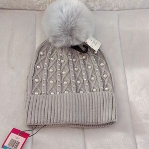 Gray Knit Beanie with Pom Pom With Pearls And Rhinestones